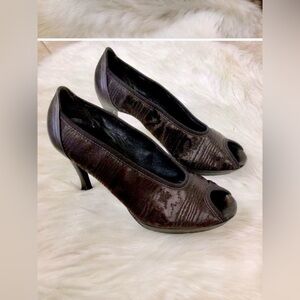 Donald‎ J. Pliner Chocolate Brown Satin Open Toe Pumps Heels 7.5M